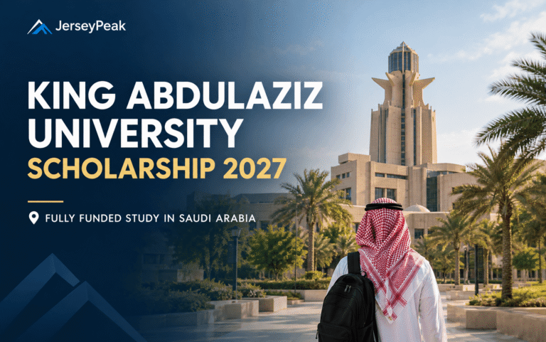 Promotional banner for the King Abdulaziz University Scholarship 2027 program in Saudi Arabia.